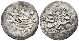 PERGAMON, Mysia. Cistophoro. 104 a.C. A/ Cista mística con una serpiente, rodeada de corona de yedra. R/ Arco entre serpientes, rodeado de corona de y...