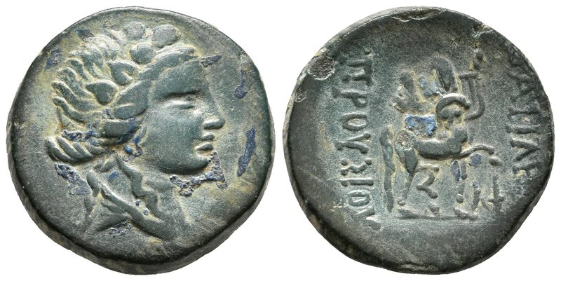 REINO DE BITHYNIA. Prusias II Cynegos. Ae21. 182-149 a.C. A/ Cabeza de Dionysos ...