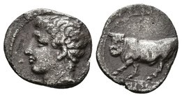 SICILIA, Panormos (Como Ziz). Litra. 400-380 a.C. A/ Cabeza masculina juvenil a izquierda. R/ Toro en marcha con cabeza de hombre barbada a izquierda,...