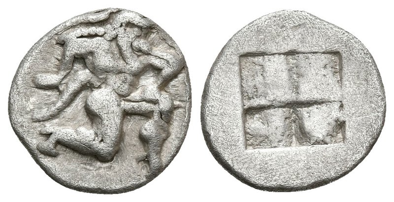 THASOS. Trihemióbolo. 550-463 a.C. A/ Sátiro a derecha. R/ Cuatripartito incuso....