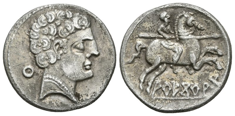 ARECORATAS. Denario. 150-20 a.C. Agreda (Soria). A/ Cabeza masculina a derecha c...