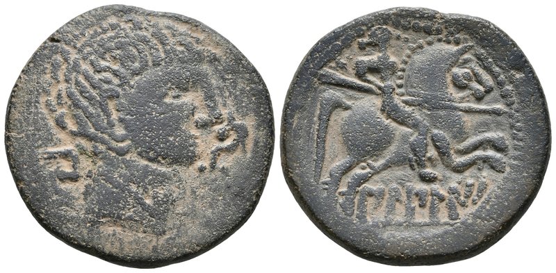 BILBILIS. As. 120-30 a.C. Calatayud (Zaragoza). A/ Cabeza masculina a derecha, d...