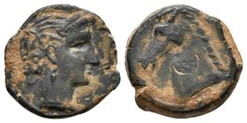 CARTAGONOVA. 1/4 Calco. 220-215 a.C. Cartagena (Murcia). A/ Cabeza de Tanit a derecha. R/ Cabeza de caballo a izquierda. FAB-556. Ae. 1,85g. MBC+.