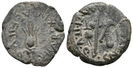 CARTAGONOVA. Semis. Epoca de Augusto. 27 a.C.-14 d.C. Cartagena (Murcia). A/ Flor de loto. IVBA REX. IVBAE. F. II VIR. QV. R/ Atributos sacerdotales. ...