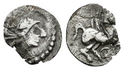EMPORITON. Hemitritartemorión. Sant Martí de Ampurias (Gerona). 450-400 a.C. A/ Cabeza de ¿Atenea? con casco a derecha. R/ Pegaso volando a derecha, d...