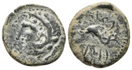GADES. Cuadrante. 100-20 a.C. Cádiz. A/ Cabeza de Hércules-Melkart a izquierda, detrás clava. R/ Delfín a izquierda con tridente entre leyenda púnica....