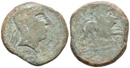 ILIBERRI. As. 150-20 a.C. Granada. A/ Cabeza masculina con cinta en el pelo a derecha. R/ Esfinge a derecha, delante estrella, bajo línea leyenda en i...