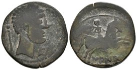 SAITI. As. 120-20 a.C. Xátiva (Valencia). A/ Cabeza masculina a derecha con adornos en el cuello, detrás cetro, delante letras E y Ba. R/ Jinete con p...