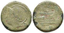 ACUÑACIONES ANONIMAS. Uncia. 217-215 a.C. Roma. A/ Cabeza de Roma a izquierda detrás marca de valor ·. R/ Proa a derecha, delante marca de valor ·, en...