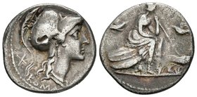ACUÑACIONES ANONIMAS. Denario. 115-114 a.C. Roma. A/ Cabeza de Roma a derecha, con casco alado y penacho detrás signo de valor X y debajo ROMA. R/ Rom...