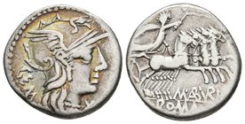 C. ABURIUS M.F. GEMINUS. Denario. 134 a.C. Roma A/ Cabeza de Roma a derecha, bajo el mentón signo de valor y detrás leyenda GEM. R/ Sol con látigo en ...