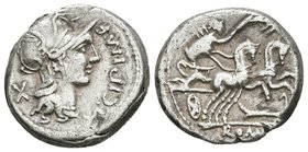 M. CIPIUS. Denario. 115-114 a.C. Roma. A/ Cabeza de Roma a derecha, delante M CIPI M F, detrás X. R/ Victoria guiando biga a derecha, portando palma, ...