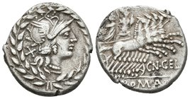 CN. GELLIUS. Denario.138 a.C. Roma. A/ Busto de Roma a derecha, detrás signo de valor X, todo ello rodeado de corona de laurel. R/ Marte con escudo y ...