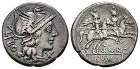 Q. MARCIUS LIBO. Denario. 148 a.C. Roma. A/ Cabeza de Roma a derecha, delante bajo el mentón signo de valor X. Detrás leyenda LIBO. R/ Los Dioscuros a...