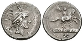 L. MARCIUS. PHILIPPUS. Denario. 113-112 a.C. Roma. A/ Busto de Philippus V de Macedonia a derecha,delante letra griega, F, detrás Roma en monograma. R...