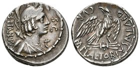 M. PLAETORIUS M. F. CESTIANUS. Denario. 67 a.C. Roma. A/ Busto de Vacuna a derecha, drapeado con casco, corona y penacho, lanza y carcaj sobre el homb...