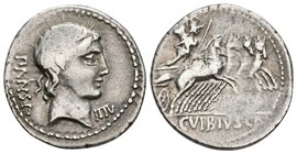 C. VIBIUS C. F. PANSA. Denario. 90 a.C. Roma. A/ Cabeza laureada de Apolo a derecha, marca de control IIIV bajo la barbilla, detrás PANSA. R/ Minerva ...