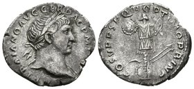 TRAJANO. Denario. 103-111 d.C. Roma. A/ Busto laureado a derecha con ligero drapeado sobre el hombro izquierdo. IMP TRAIANO AVG GER DAC P M TR P. R/ T...