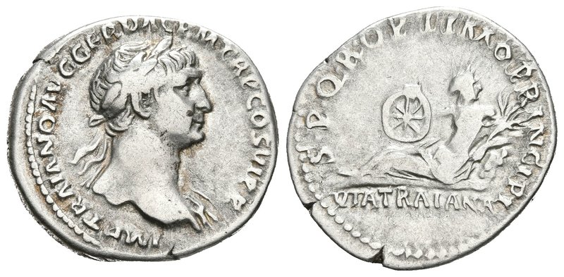 TRAJANO. Denario. 112-114 d.C. Roma. A/ Busto laureado a derecha, con ligero dra...