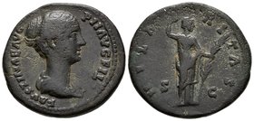 FAUSTINA II. As. 147-175 d.C. Roma. A/ Busto drapeado a derecha. FAUSTINAE AVG PII AVG FIL. R/ Hilaritas estante a derecha tocandose el cabello y port...