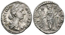 FAUSTINA II. Denario. 147-175 d.C. Roma. A/ Busto drapeado a derecha FAVSTINA AVGVSTA. R/ Hilaritas estante a izquierda portando cornucopia y palma. H...