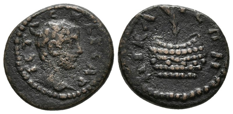 GETA. Ae15. 197-217 d.C. Nikaia, Bithynia. A/ Busto a derecha. R/ Cesta y en su ...