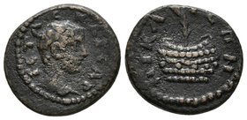 GETA. Ae15. 197-217 d.C. Nikaia, Bithynia. A/ Busto a derecha. R/ Cesta y en su interior palma. cf. Waddington RG, p. 465, 525. Ae. 2,35g. BC+/MBC.