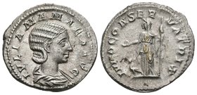 JULIA MAMAEA. Denario. 222-235 d.C. Roma. A/ Busto drapeado a derecha. IVLIA MAMAEA AVG. R/ Juno estante a izquierda portando pátera y cetro, pavo rea...
