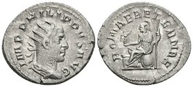 FILIPO I. Antoniniano. 245-246 d.C. Roma. A/ Busto radiado y drapeado con coraza a derecha. IMP M IVL PHILIPPVS AVG. R/ Roma sedente a izquierda sobre...