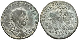 FILIPO I. Ae35. ¿Medallón?. 244-249 d.C. Cilicia. Seleucida y Calycadnum. A/ Busto radiado y drapeado con coraza a derecha. R/ Busto drapeado de Artem...