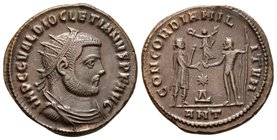 DIOCLECIANO. Antoniniano. 296 d.C. Antioquía. A/ Busto radiado y drapeado con coraza a derecha. IMP C C VAL DIOCLETIANVS P F AVG. R/ Diocleciano, esta...