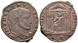 MAJENCIO. Follis. 307-312 d.C. Ticinum. A/ Busto laureado a derecha. IMP C MAXENTIVS P F AVG. R/ Roma sedente a izquierda con Victoria y cetro dentro ...