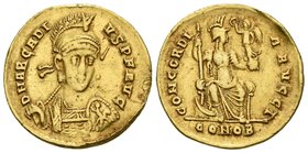 ARCADIO. Sólido. 397-402 d.C. Constantinopla. A/ Busto concasco y coraza de frente, girado ligeramente a la derecha, sosteniendo lanza y escudo decora...