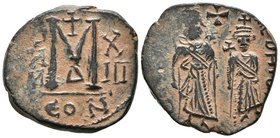 HERCLAIO y HERACLIO CONSTANTINO. Imitación de un Follis realizada durante la OCUPACION SASANIDA de Siria por Khusru II. 610-629 d.C., RY 13 = 622/3. C...