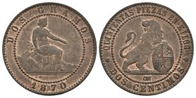GOBIERNO PROVISIONAL. 2 Céntimos. 1870. Barcelona OM. Cal-26. Ae. 2,05g. SC-.