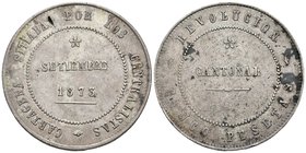 REVOLUCION CANTONAL. 5 Pesetas. 1873. Cartagena (Murcia). No coincidente. Cal-6. Ar. 27,97g. Manchitas. Fallito del metal en reverso. MBC.