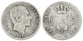 ALFONSO XII. 10 Centavos de Peso. 1881. Manila. Cal-94. Ar. 2,45g. BC.
