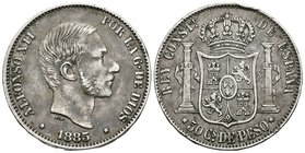 ALFONSO XII. 50 Centavos de Peso. 1885. Manila. Cal-86. Ar. 12,90g. Pátina. MBC.