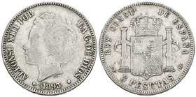 ALFONSO XIII. 5 Pesetas. 1893 *18-. Madrid MSM. Falsa de época en plata. No coincidente. Ar. 24,69g. MBC-.