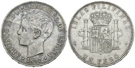 ALFONSO XIII. 1 Peso. 1897. Manila SGV. Cal-81. Ar. 24,73g. Pátina. MBC-.