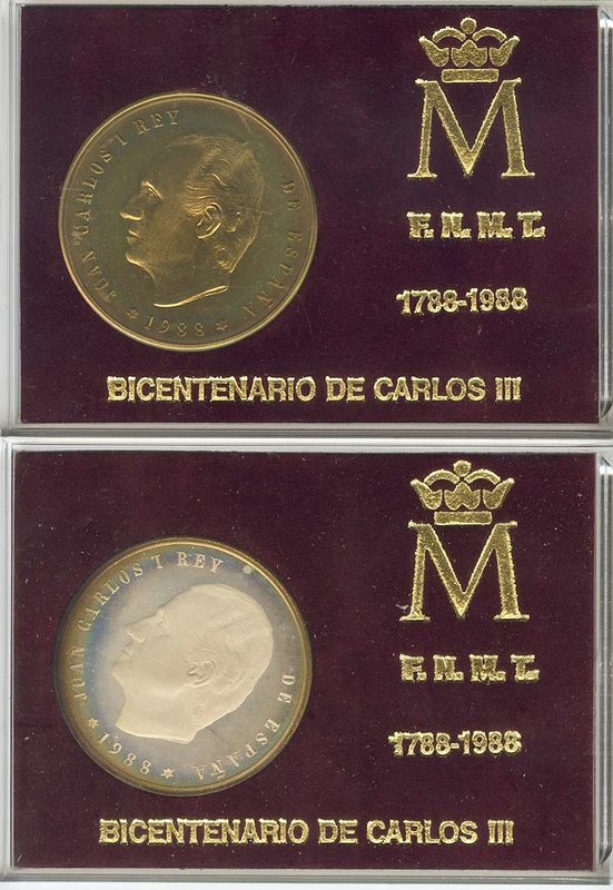 JUAN CARLOS I. Serie de 2 medallas. 1988. Bicentenario de Carlos III. Ar y Ae. P...