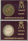 JUAN CARLOS I. Serie de 2 medallas. 1988. Bicentenario de Carlos III. Ar y Ae. Presentadas en estuches de metacrilato de la F.N.M.T. y en caja origina...