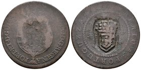 ANGOLA. María II. (1834-1853). Carimbo de escudete coronado sobre 1/4 Macuta. Gomes 03.01-06. Ae. 8,83g. MBC-.