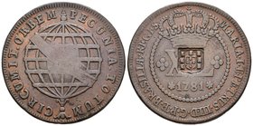 BRASIL. Joao, Príncipe Regente. (1799-1816). Carimbo de escudete sobre XL Reis de 1781. Gomes 94.01. Ae. 29,50g. MBC+.