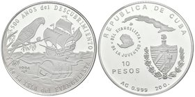 CUBA. 10 Pesos. 1994. 500 Años del descubrimiento de la Isla del Evangelista. Km#441. Ar. Presentada en estuche oficial certificado. PROOF.