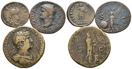 IMPERIO ROMANO. Lote compuesto por 3 monedas de bronce, conteniendo: As de Nerón (RIC I 144); Sestercio de Adriano (RIC 587b) y Maiorina de Honorio, A...