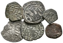 EPOCA MEDIEVAL Y MONARQUIA ESPAÑOLA. Lote compuesto por 6 monedas, conteniendo: Enrique III. 1/2 Blanca de Sevilla, 1/2 Real de Burgos; Felipe II. 2 M...