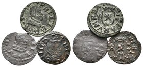 FELIPE IV. Lote compuesto por 3 monedas de 2 Maravedís. (1663). Madrid YS y 1663. Trujillo M. Ae. BC+/MBC+. A EXAMINAR.