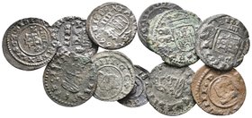 FELIPE IV. Conjunto de 11 monedas de bronce. 2 Maravedís, 1664, Cuenca; 4 Maravedís, 1662, Burgos, Coruña, Granada (2) y Trujillo (2); 4 Maravedís, 16...