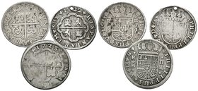 FELIPE V. Lote compuesto por 3 monedas de 2 Reales, conteniendo: 1722 Sevilla J (Perforación); 1723 Madrid A y 1737 Sevilla PJ. Ar. BC+/MBC+. A EXAMIN...